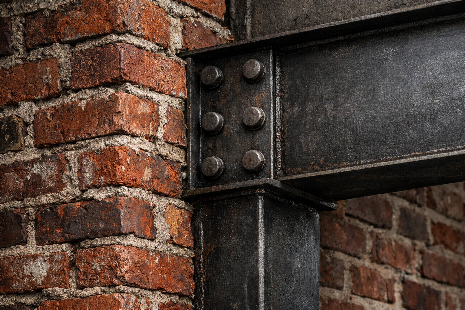 A solid steel beam meeting an old brick wall, symbolizing the grounded structure of inner growth.