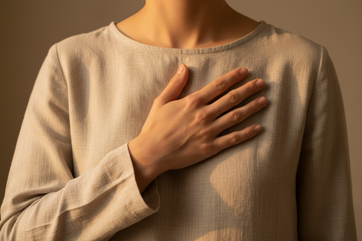 A close-up of a hand resting gently on a person’s chest, symbolizing a quiet moment of self-honesty and living more authentically.