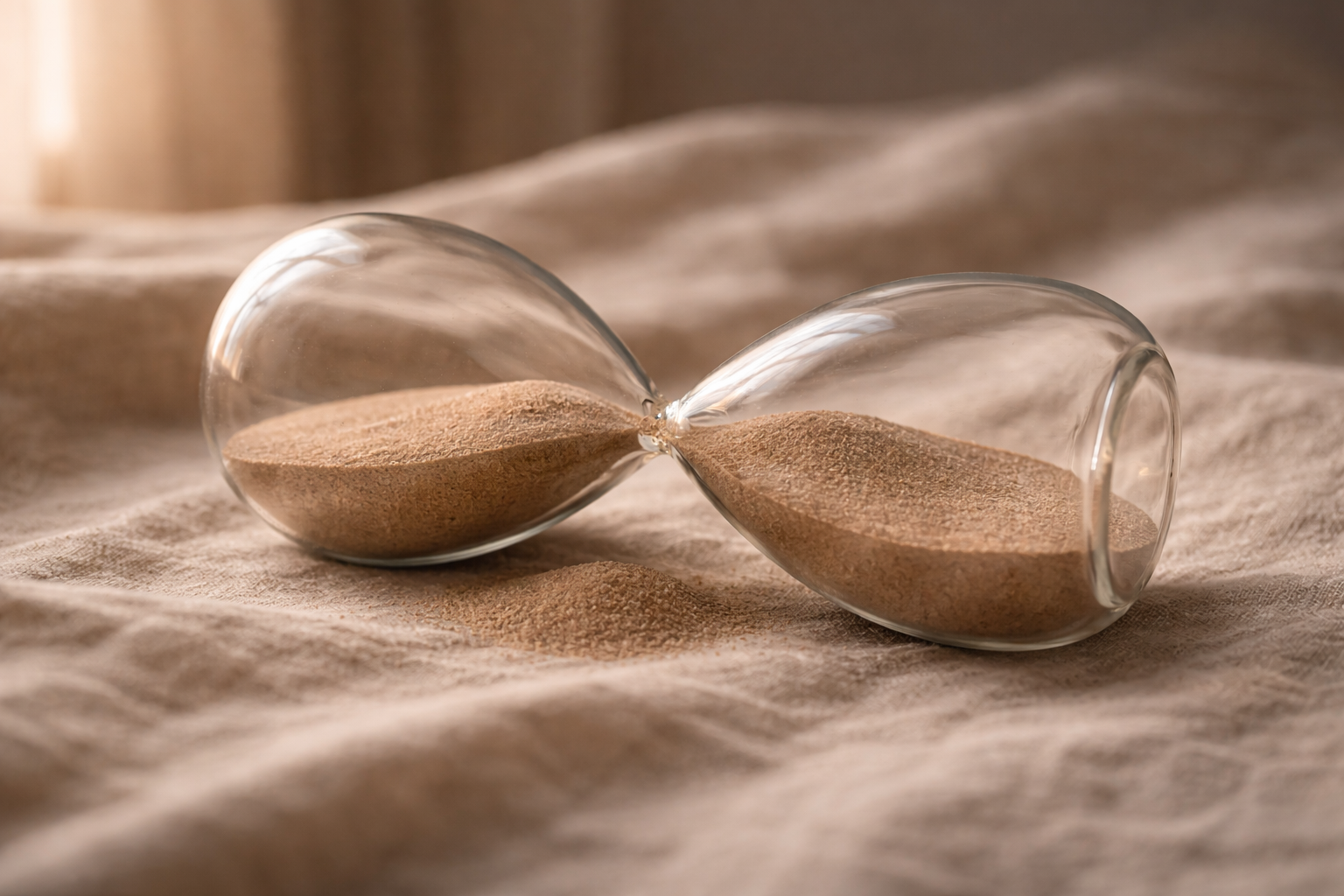 An hourglass lying on its side with still sand, symbolizing the end of the urgency trap.
