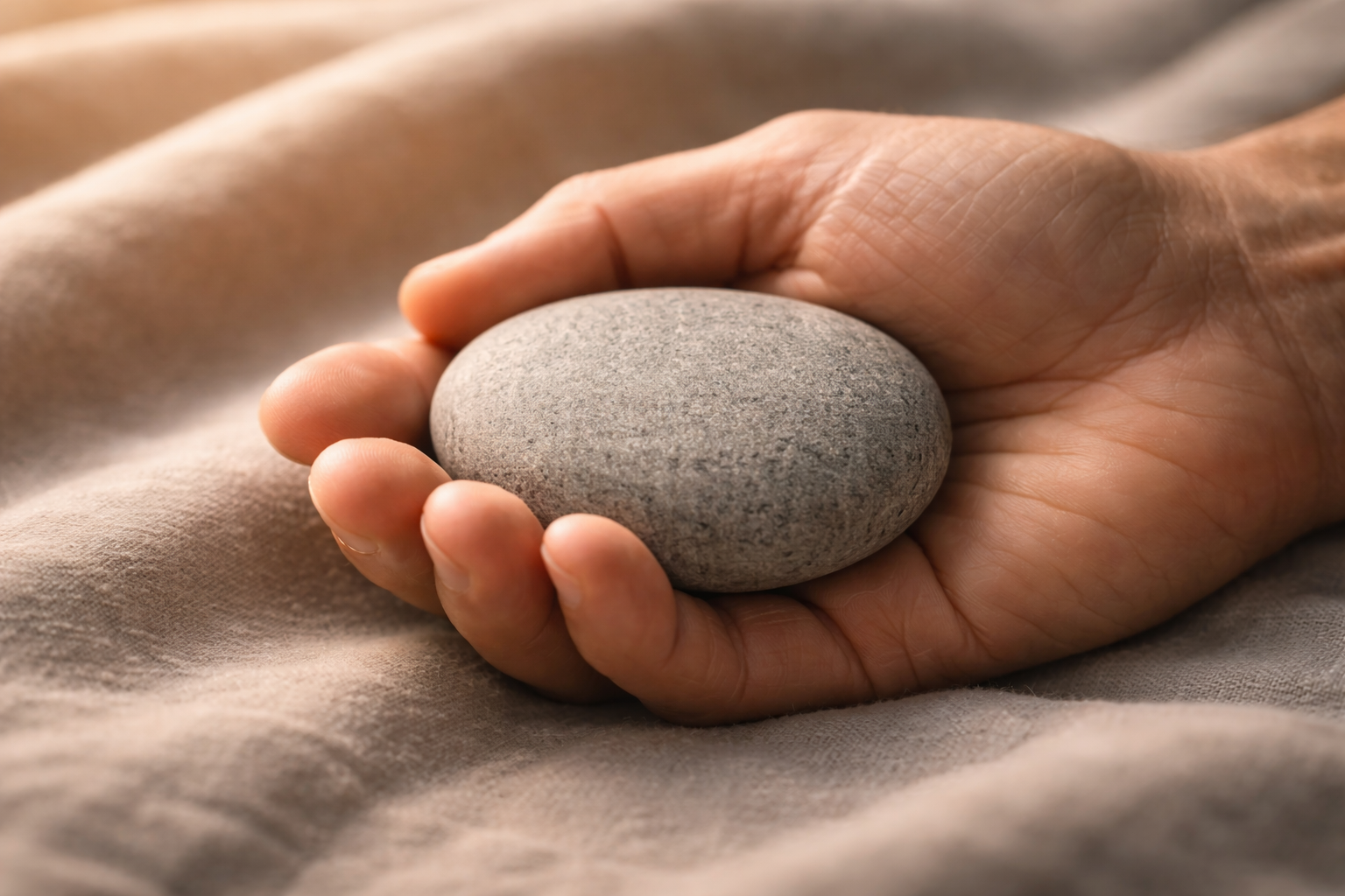 A hand holding a smooth stone, symbolizing grounding and finding inner steadiness.