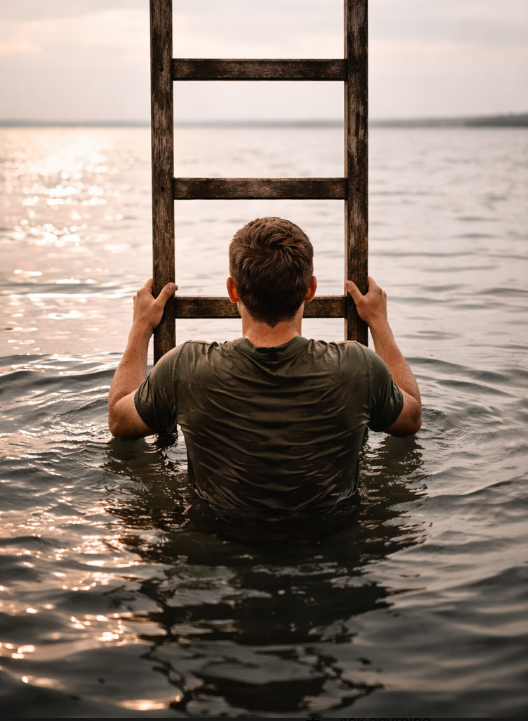 Person standing waist-deep in calm water holding the bottom rungs of a wooden ladder that doesn’t reach anywhere, symbolizing holding onto something that no longer leads anywhere.