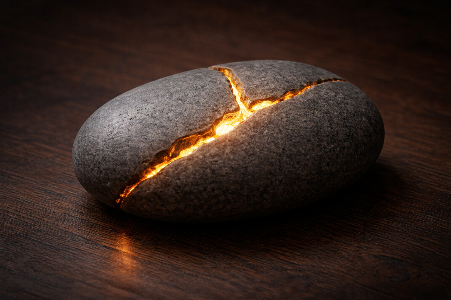 A smooth river stone with a golden-filled crack resting on a dark wood surface, symbolizing the beauty of wholeness within our imperfections.