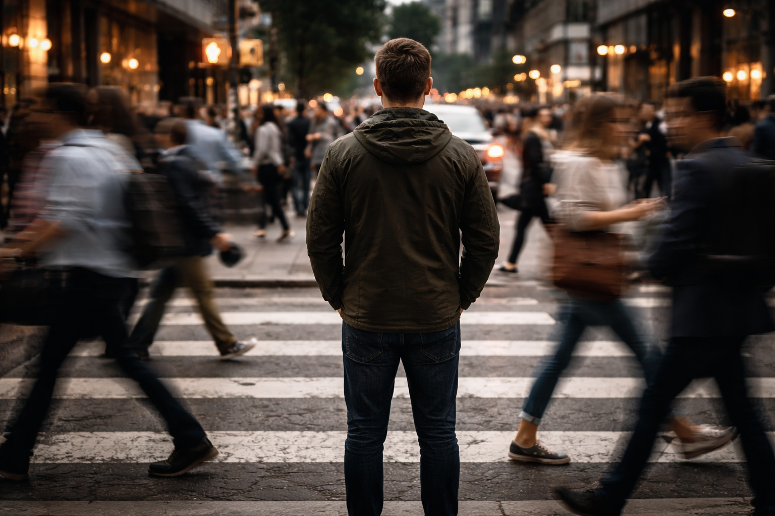 Single person standing still in a busy street to represent inner steadiness