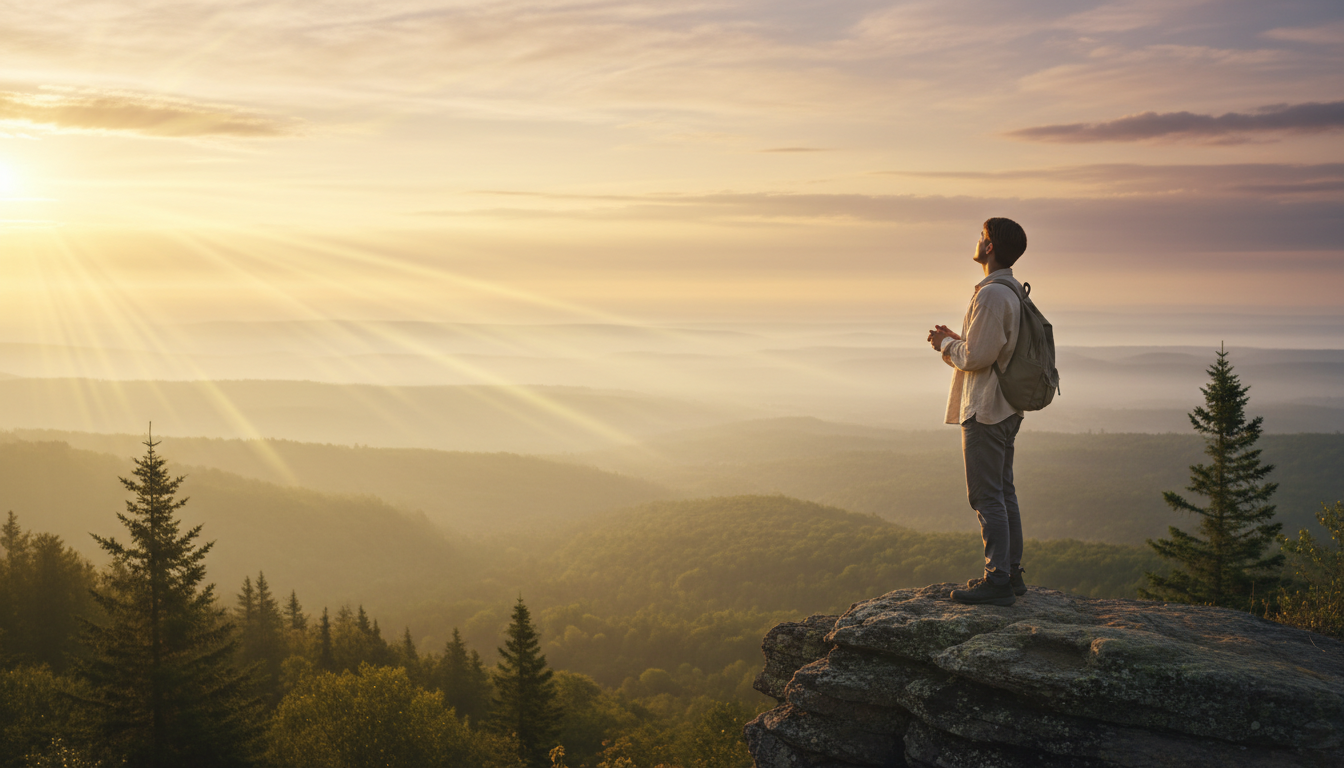 A person looking out over a soft sunrise landscape, symbolizing expanding our vision beyond fear into clarity and possibility.