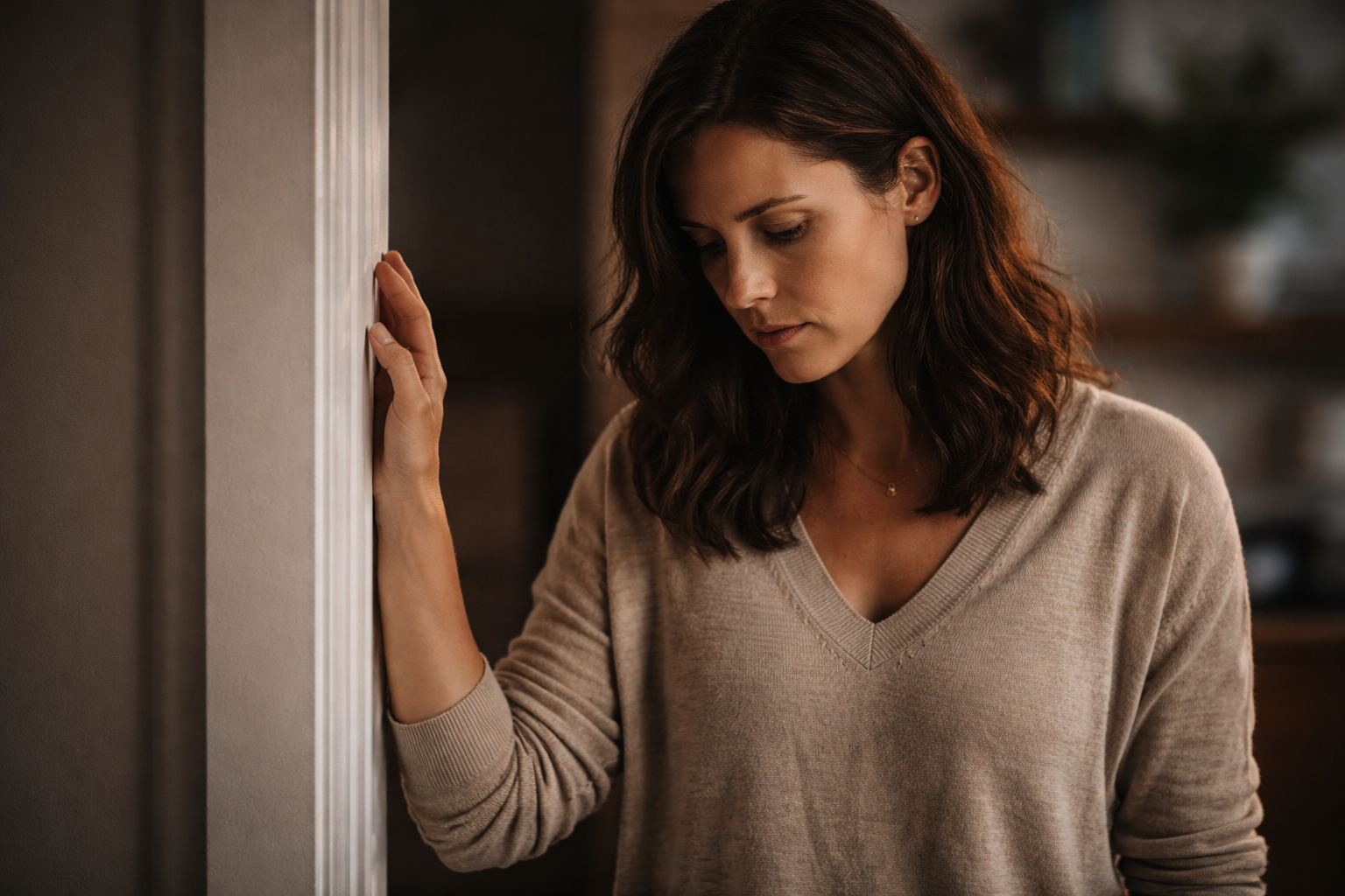 A person hesitating in a doorway symbolizing the internal tightening and the choice between fear and steadiness in a relationship.