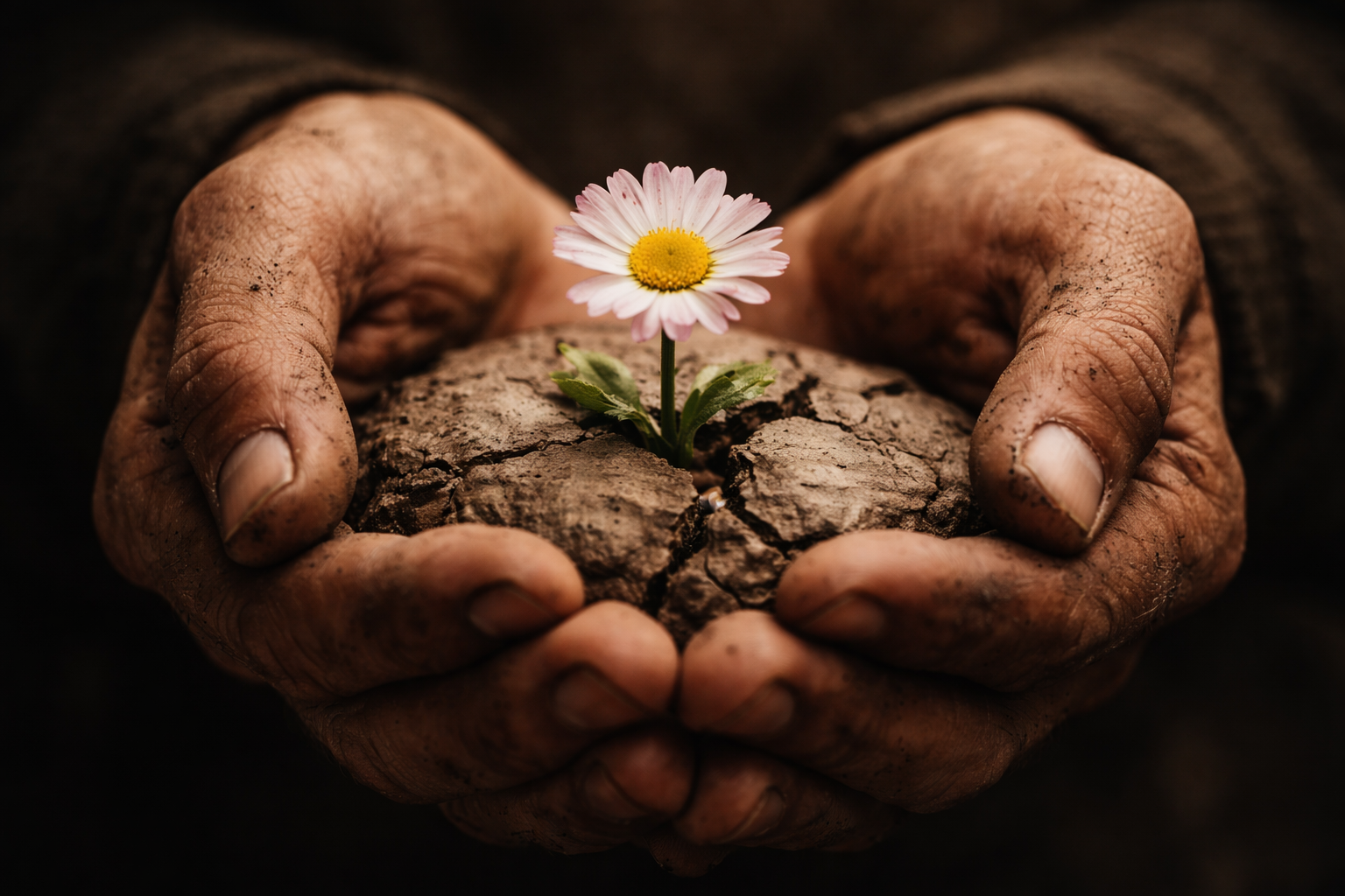 Weathered hands holding a cracked flower, symbolizing fragile connection and healing the divide.