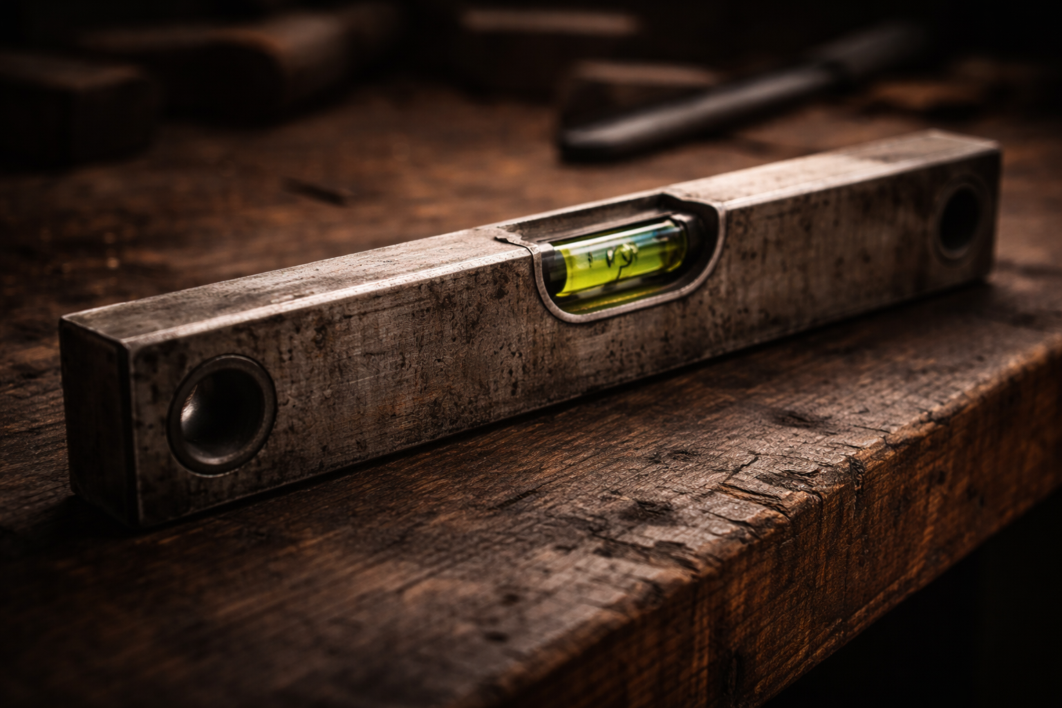 A steel level on a dark wooden workbench, representing the practical work of healing the mind and finding steadiness.