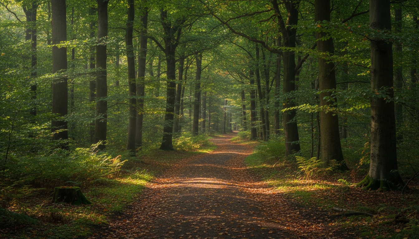 A sunlit path through a quiet forest, representing the journey of healing the divide with compassion and clarity.