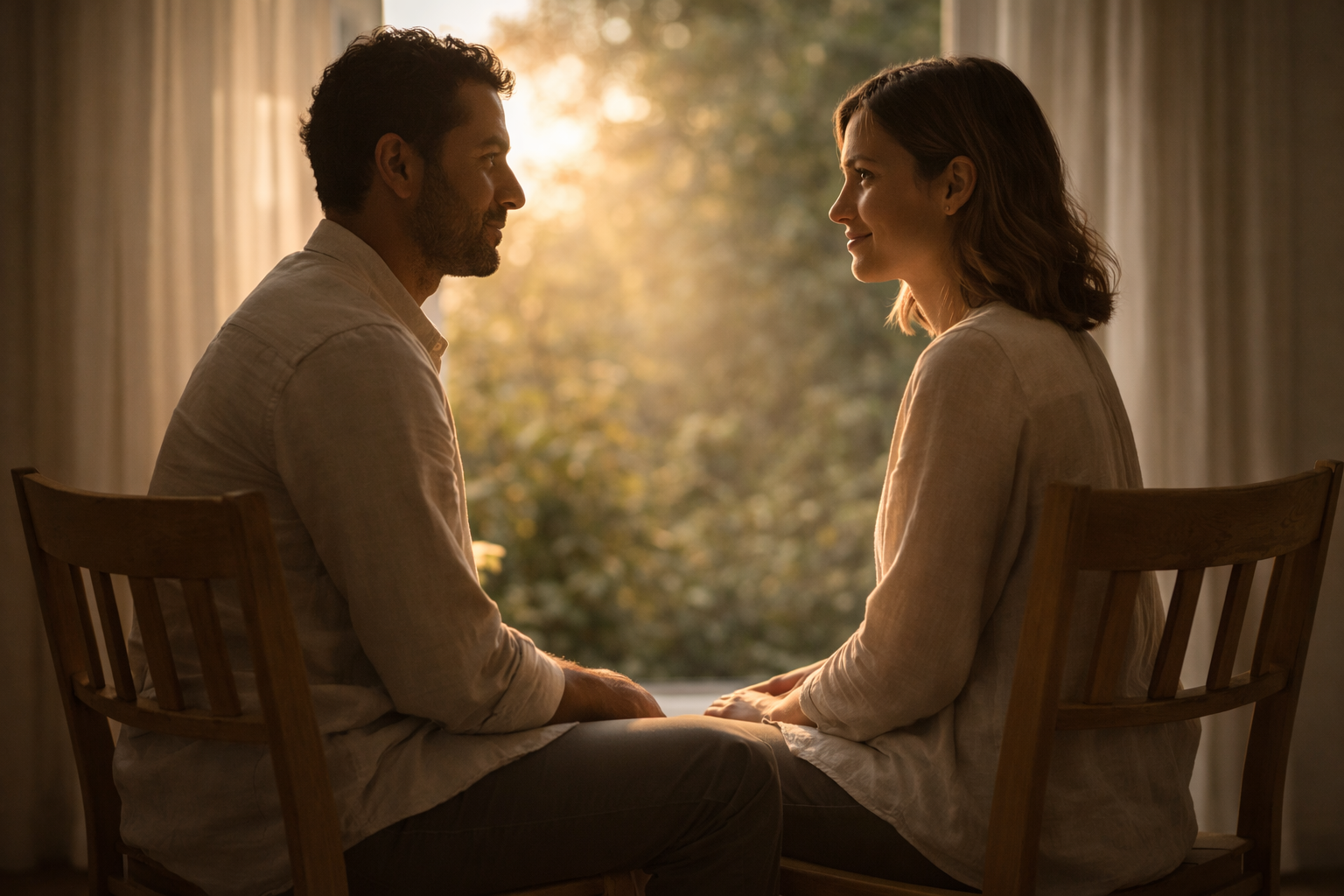 Two people facing each other in soft light, symbolizing relational steadiness.