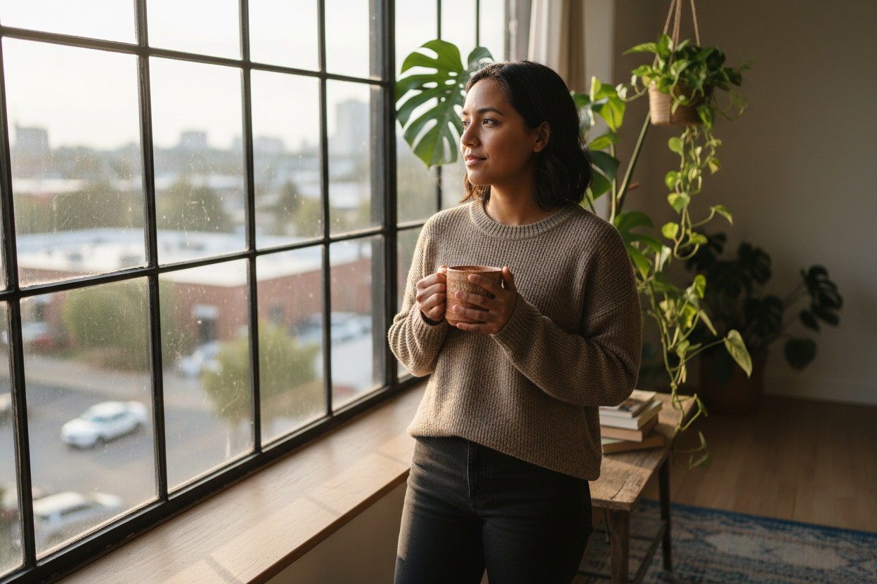 Person of color standing quietly by a window with a mug, practicing a moment of nervous system regulation during chaotic times.