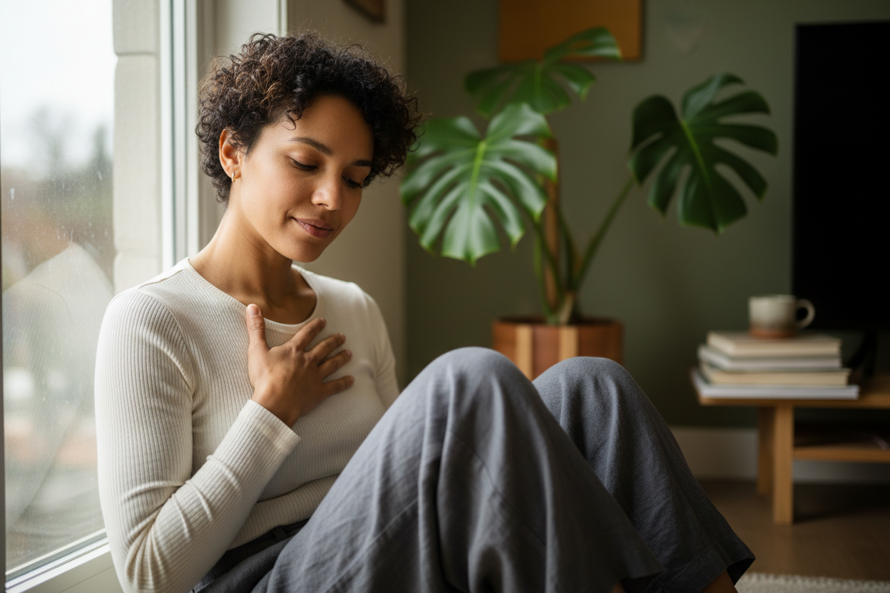 Person sitting quietly by a window with a hand over their heart, practicing a small moment of self compassion.