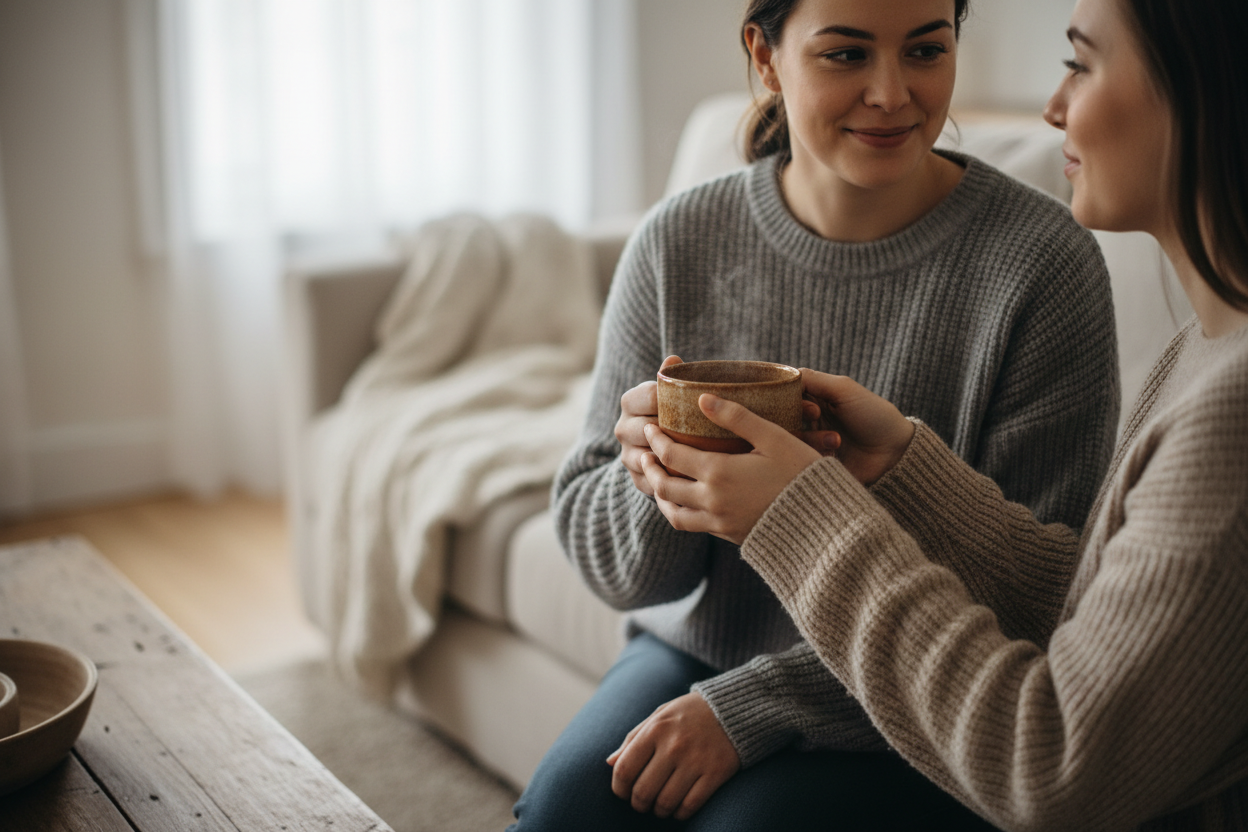 Two people of color sharing a warm mug at a small table, capturing a quiet everyday act of kindness and the way what we give circles back.