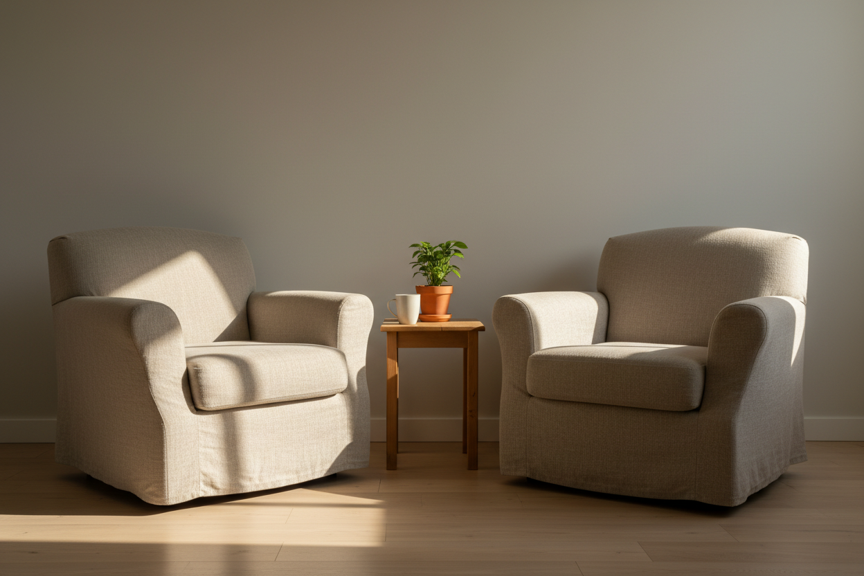 Two chairs facing each other in a quiet room, representing relationships as a space for honest conversation and healing.