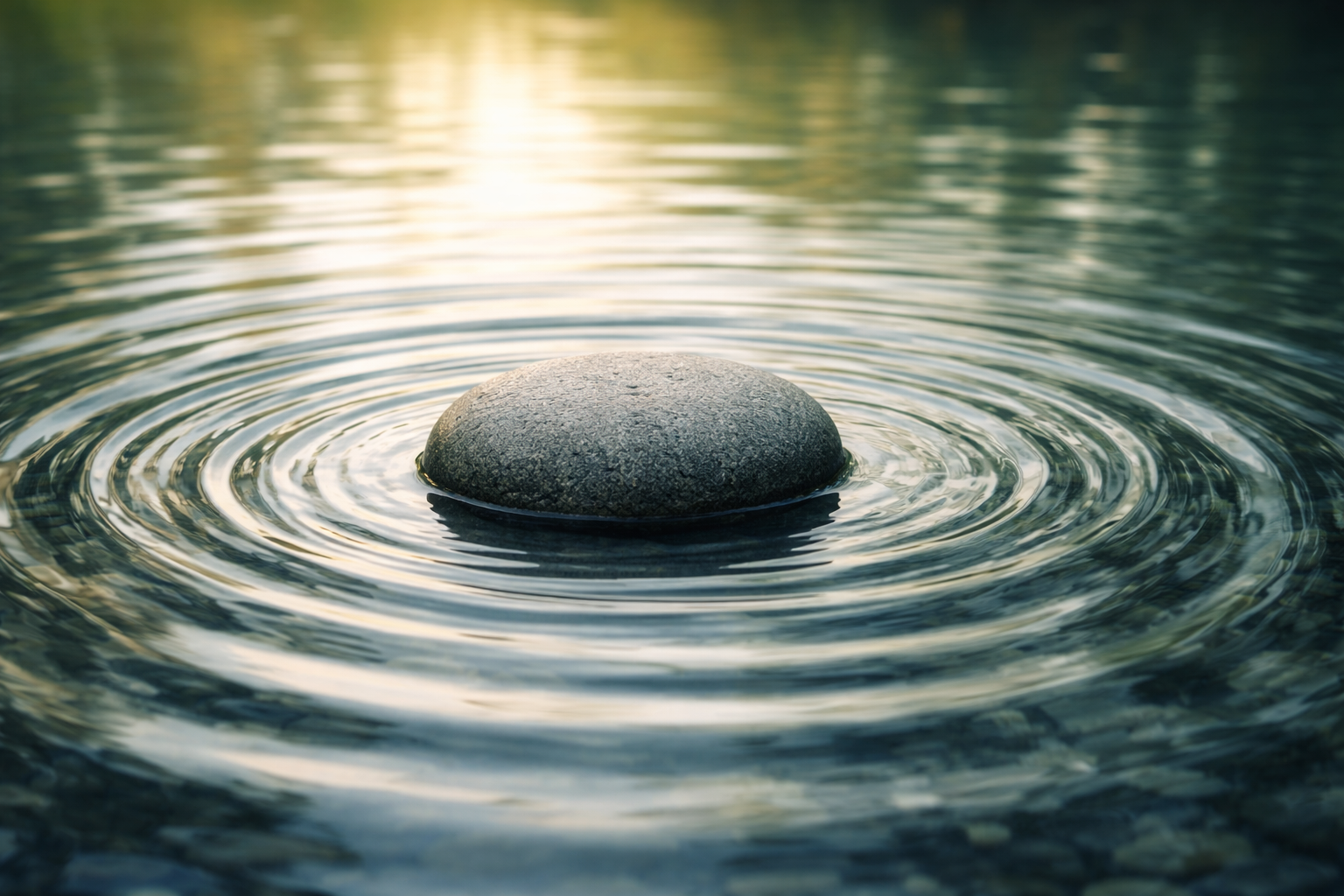 smooth stone in rippling water at sunset, symbolizing inner critic coaching and inner steadiness