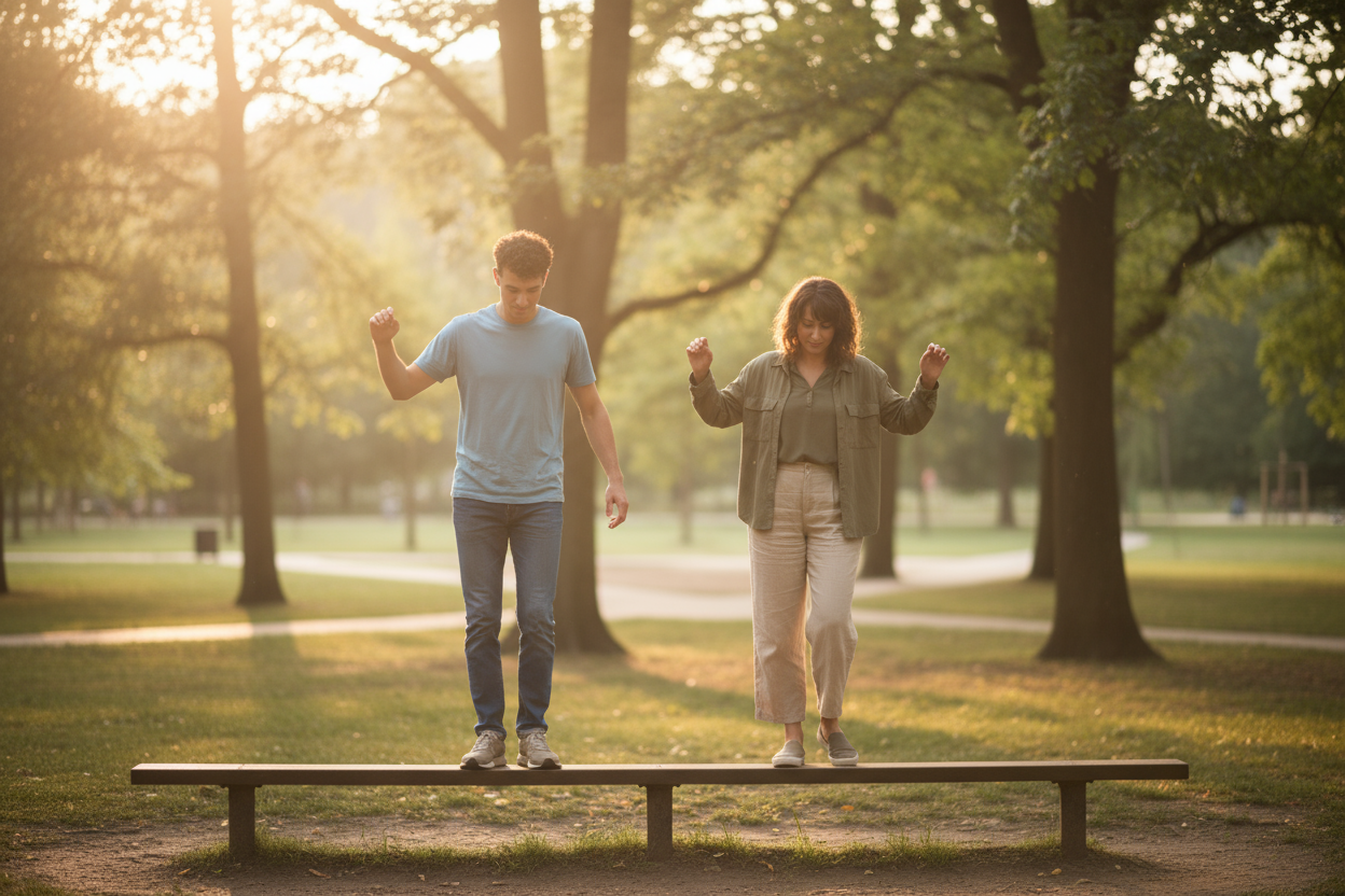 Two people walking side by side on a slightly raised wooden beam in a warm, sunlit park, gently balancing with relaxed arms, showing a soft wobble and a sense of safety and connection.
