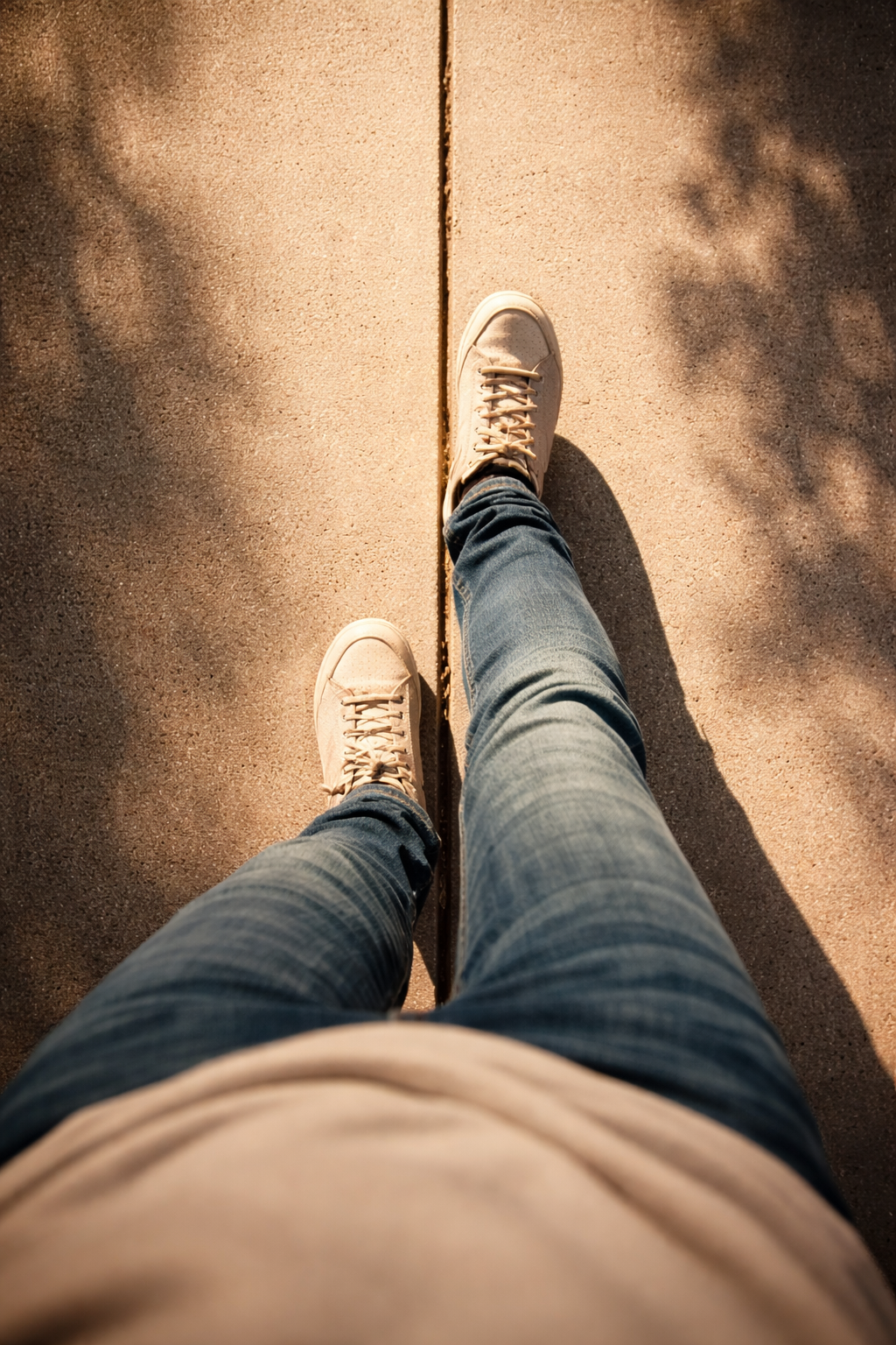A top-down view of feet walking carefully along a thin crack in a sunlit sidewalk, representing the balance needed during relationship doubt.