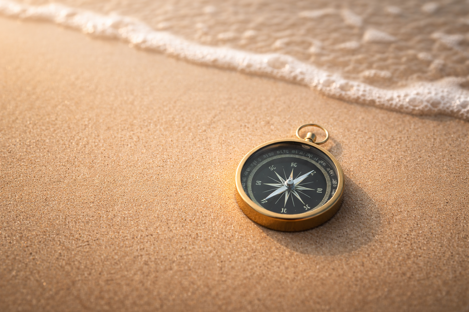 A minimalist brass compass resting on wet sand at the edge of a calm ocean tide, representing the practice of returning to inner steadiness.