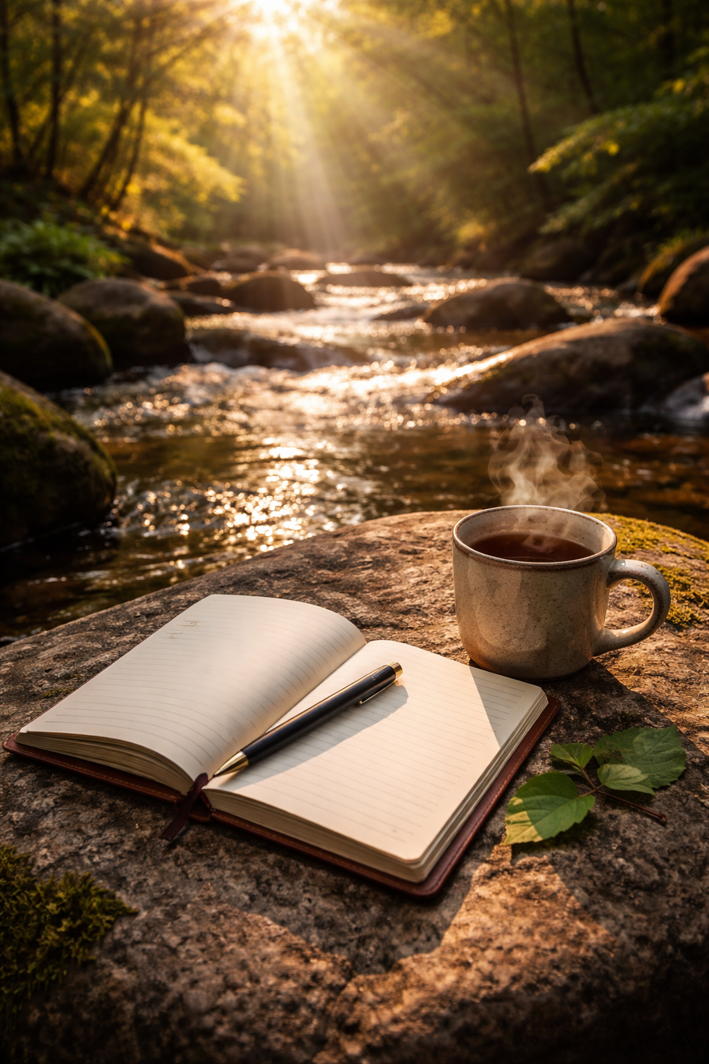 journal and tea in nature