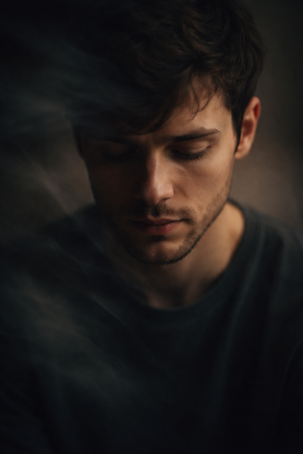 Person in quiet reflection, eyes closed, embodying the inner struggle with judgment and self-awareness.