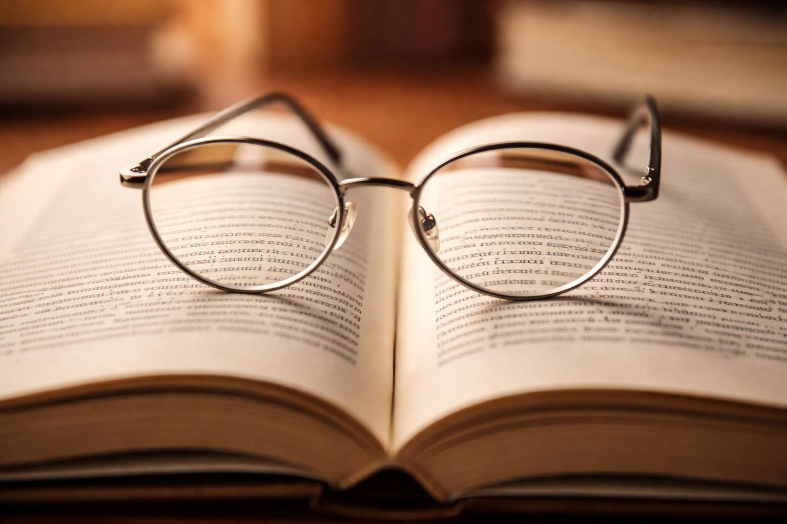 Reading glasses on a book showing a shift in focus and clarity.