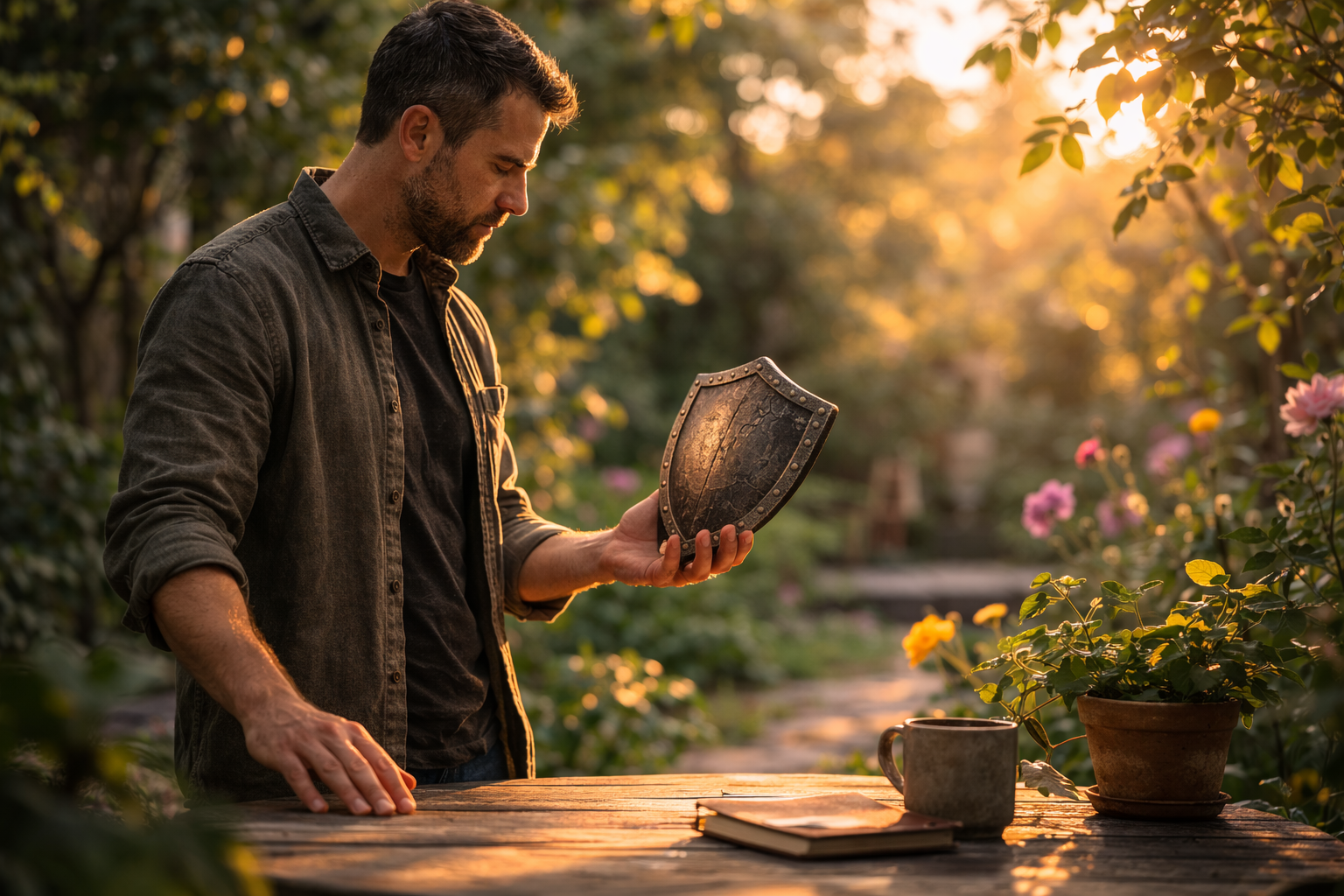 A person curiously examining a small shield, symbolizing the choice to stop being defensive.