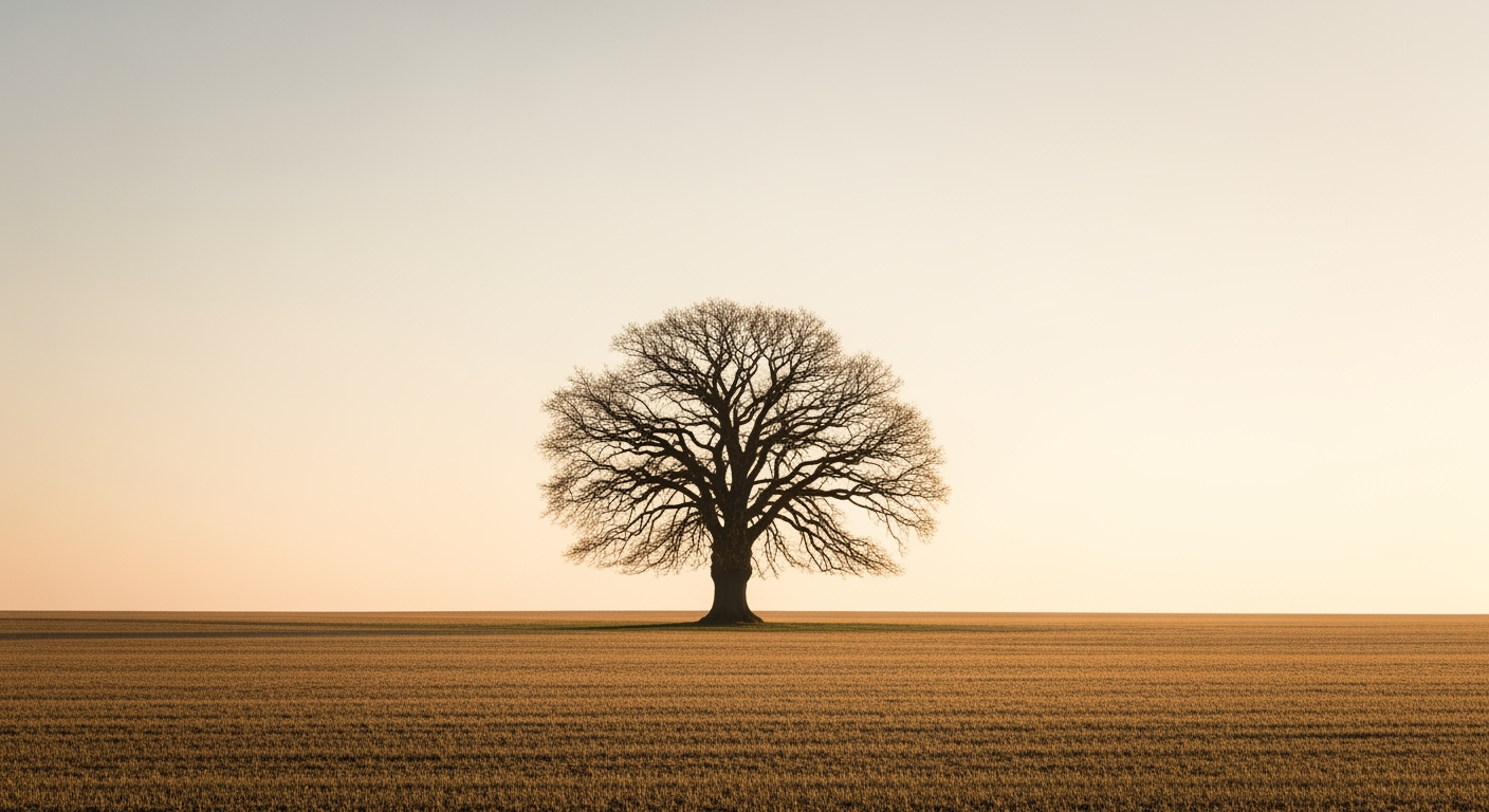 A sturdy oak tree standing alone in a vast, golden field at sunset, representing inner steadiness and overcoming overwhelm.